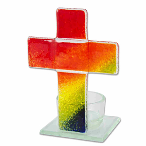 Teelichthalter Kreuz mit Regenbogen bunt Glas 11 x 8 x 6 cm