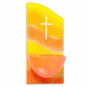 Weihwasserkessel Glas gelb-orange mit Kreuz wei ca. 15 x 7 x 4,7 cm Handarbeit