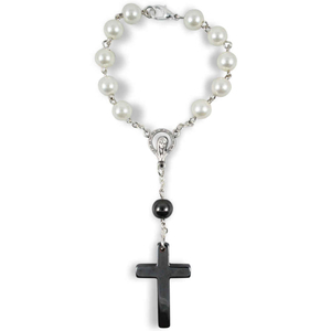 Zehner Rosenkranz Perle Glas wei mit Hmatit Kreuz 15 cm