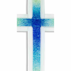 Glaskreuz wei mit Kreuz blau - trkis - grn modern Handarbeit  20 x 11 cm
