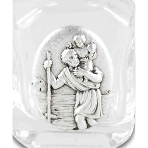 Weihwasserflasche Glas Plakette Heiliger Christophorus mit Jesuskind 6 x 3 cm