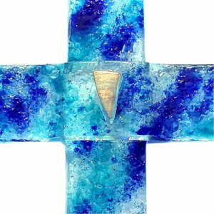 Glaskreuz blau trkis Fusingglas & Blattgold 12 x 8,5 cm  Wandkreuz Relief Unikat