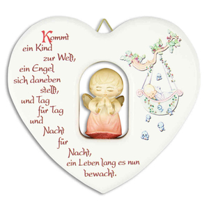 Herz wei mit Engel / Schutzengel geschnitzt rot Kommt ein Kind zur Welt 11,5 x 10,5 cm