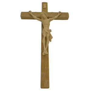 Wandkreuz / Kruzifix Eiche hell natur mit gekerbter Oberflche mit hellem Christuskrper 30 cm