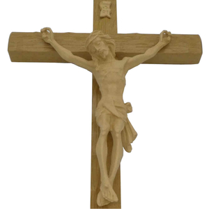 Wandkreuz / Kruzifix Eiche hell natur mit gekerbter Oberflche mit hellem Christuskrper 30 cm