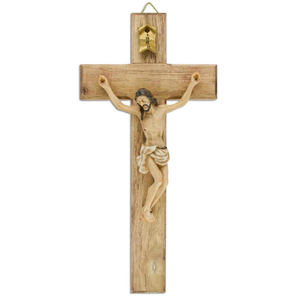 Wandkreuz / Kruzifix Holz natur mit coloriertem Christuskrper Balken gerade 25 cm