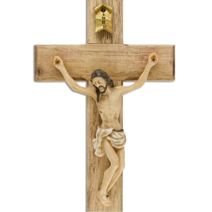 Wandkreuz / Kruzifix Holz natur mit coloriertem Christuskrper Balken gerade 25 cm