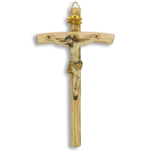 Wandkreuz / Kruzifix Holz natur mit coloriertem Christuskrper Balken gebogen 14,5 cm