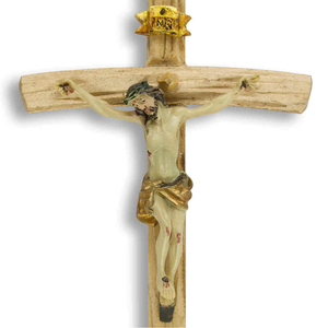 Wandkreuz / Kruzifix Holz natur mit coloriertem Christuskrper Balken gebogen 14,5 cm