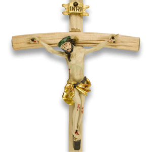 Wandkreuz / Kruzifix Holz natur mit coloriertem Christuskrper Balken gebogen 24,5 cm