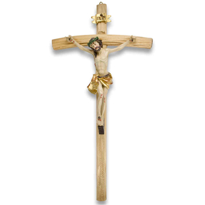 Wandkreuz / Kruzifix Holz natur mit coloriertem Christuskrper Balken gebogen 35 cm