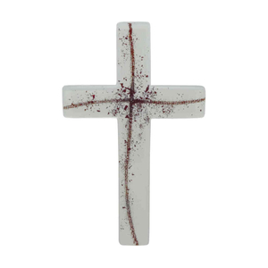 Glaskreuz wei modern Kreuz in Kreuz Ornament rot Fusingglas 23 x 14 cm Unikat Schmuckkreuz