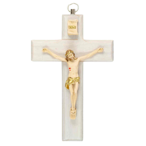 Wandkreuz / Kruzifix Holz natur mit coloriertem Christuskrper Balken gerade 13 cm
