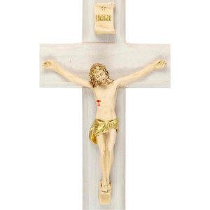 Wandkreuz / Kruzifix Holz natur mit coloriertem Christuskrper Balken gerade 13 cm