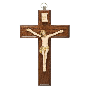 Wandkreuz / Kruzifix Holz braun mit coloriertem Christuskrper Balken gerade 23 cm