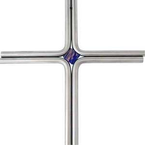 Wandkreuz modern Edelstahl - Kreuz silber matt Glasstein blau 17 x 12 cm