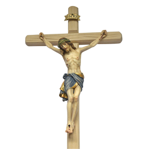Wandkreuz / Kruzifix Holz Ahorn natur mit coloriertem Christuskrper blau 28 x 13,5 cm