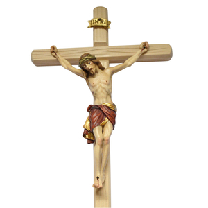 Wandkreuz / Kruzifix Holz Ahorn natur mit coloriertem Christuskrper rot 28 x 13,5 cm
