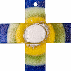 Glaskreuz blau - grn - gelb - wei modern aufgehende Sonne Handarbeit 20 x 11 cm