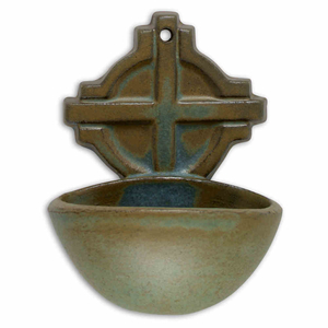 Weihwasserkessel Kreuz Keramik braun - blau handgetpfert 11,5 cm