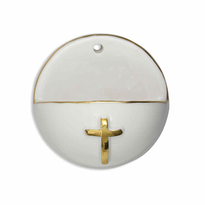 Weihwasserkessel Kreuz gold Porzellan 7 cm