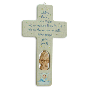 Kinderkreuz mit Engelchen aus Ton Lieber Engel gute Nacht Holz 20 x 12 cm