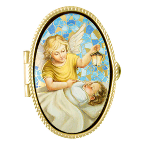 Metalletui goldfarben oval Schutzengel mit Baby 5 x 3,5 cm