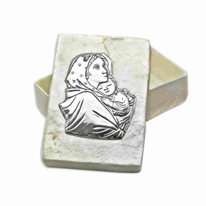 Rosenkranz-Dose echt Perlmutt - Madonna echt Silber 7,5 x 5 x 2,3 cm