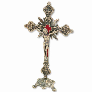 Standkreuz / Stehkreuz Metall antik goldfarben mit Korpus INRI Strahlenkranz Kreuz rot 22 cm