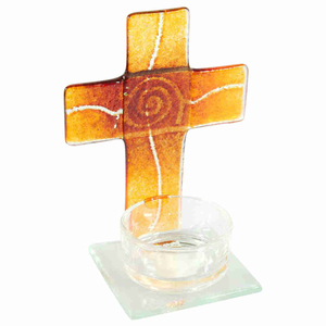 Teelichthalter Kreuz mit Spirale orange/rot Glas 11 x 8 x 6 cm
