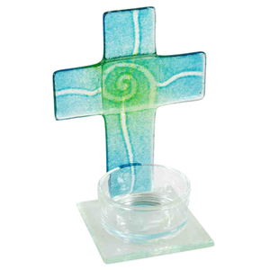 Teelichthalter Kreuz mit Spirale türkis/grün Glas 11 x 8 x 6 cm