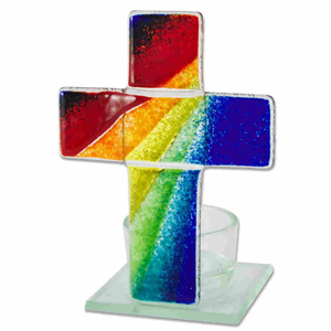 Teelichthalter Kreuz mit Regenbogen Glas 11 x 8 x 6 cm