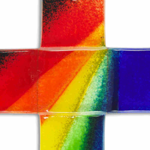 Glaskreuz blau mit Regenbogen 12 x 12 cm