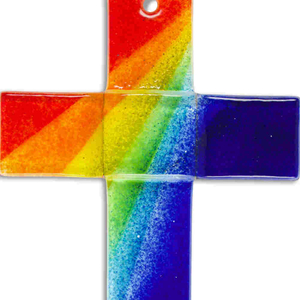 Glaskreuz blau mit Regenbogen 20 x 11 cm