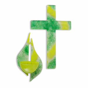 Gebets-Set - Glaskreuz & Glas Weihkessel hellgrün - dunkelgrün