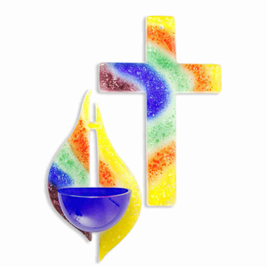 Gebets-Set - Glaskreuz & Glas Weihkessel Regenbogen