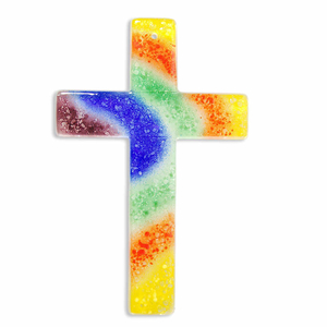 Gebets-Set - Glaskreuz & Glas Weihkessel Regenbogen