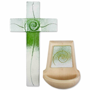 Gebets-Set - Glaskreuz & Holz-Weihkessel Berg Ahorn Glasauflage Spirale weiß - hellgrün