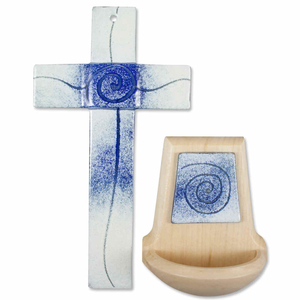 Gebets-Set - Glaskreuz & Holz-Weihkessel Berg Ahorn Glasauflage Spirale weiß - blau