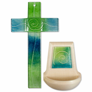 Gebets-Set - Glaskreuz & Holz-Weihkessel Berg Ahorn Glasauflage Spirale grün - blau