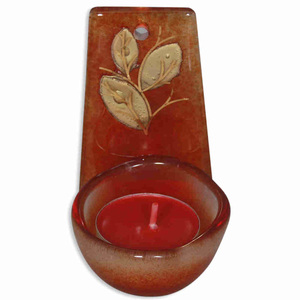 Wand-Teelichthalter Glas rot mit Blättern 10 x 5,5 cm