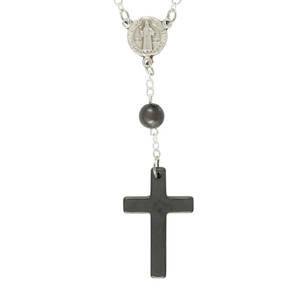 Zehner Rosenkranz Perle grau rund Kunststoff mit Kreuz 15 cm