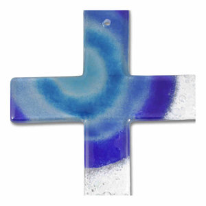 Glaskreuz blau - weiß modern  Motiv Sonne 20 x 13 x 0,5 cm