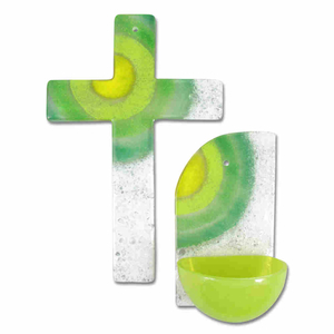 Gebets-Set - Glaskreuz & Glas Weihkessel grün - weiß Motiv Sonne gelb