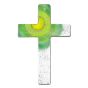Gebets-Set - Glaskreuz & Glas Weihkessel grün - weiß Motiv Sonne gelb