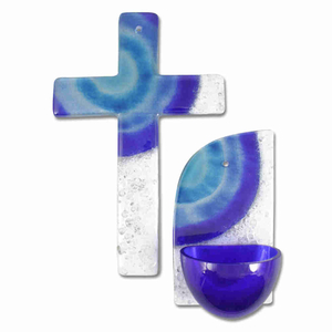 Gebets-Set - Glaskreuz & Glas Weihkessel blau - weiß Motiv Sonne blau