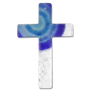 Gebets-Set - Glaskreuz & Glas Weihkessel blau - weiß Motiv Sonne blau