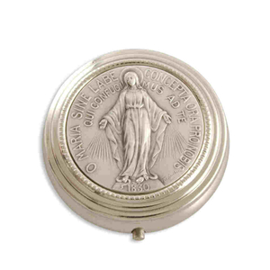 Rosenkranzdose silberfarben rund Madonna -  Empfngnis 5 x 1,5 cm