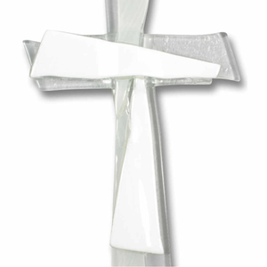 Glaskreuz weiß modern Handarbeit  21 x 11 cm