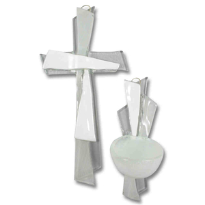 Gebets-Set Glaskreuz - Glas Weihkessel weiß Unikate